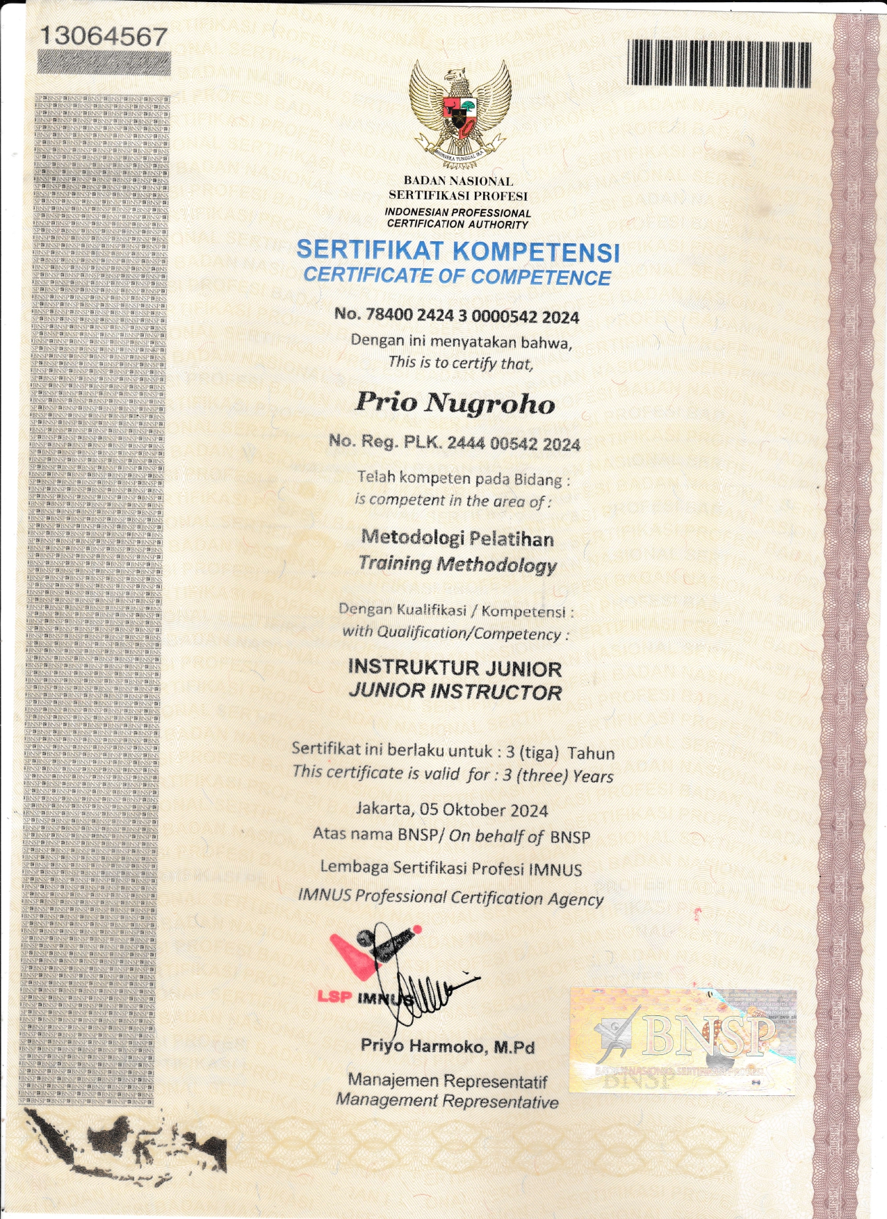 SERTIFIKAT BNSP INSTRUKTUR JUNIOR